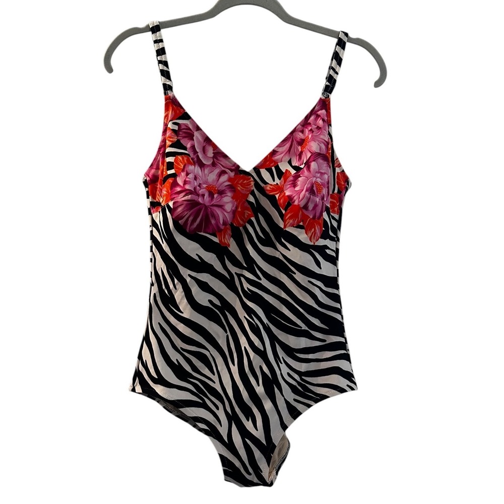 Faber Italy Zebra Floral One‎ Piece Swimsuit Animal Print Sz 48 Vintage Resort